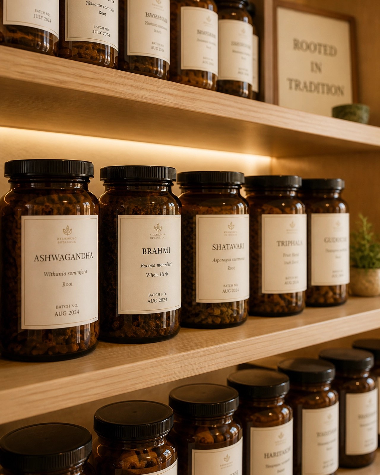 A professional Ayurvedic apothecary shelf with neatly labeled amber glass jars.