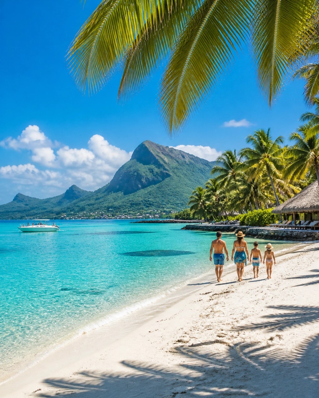 Family enjoying the calm turquoise lagoon and tropical beauty of Mauritius