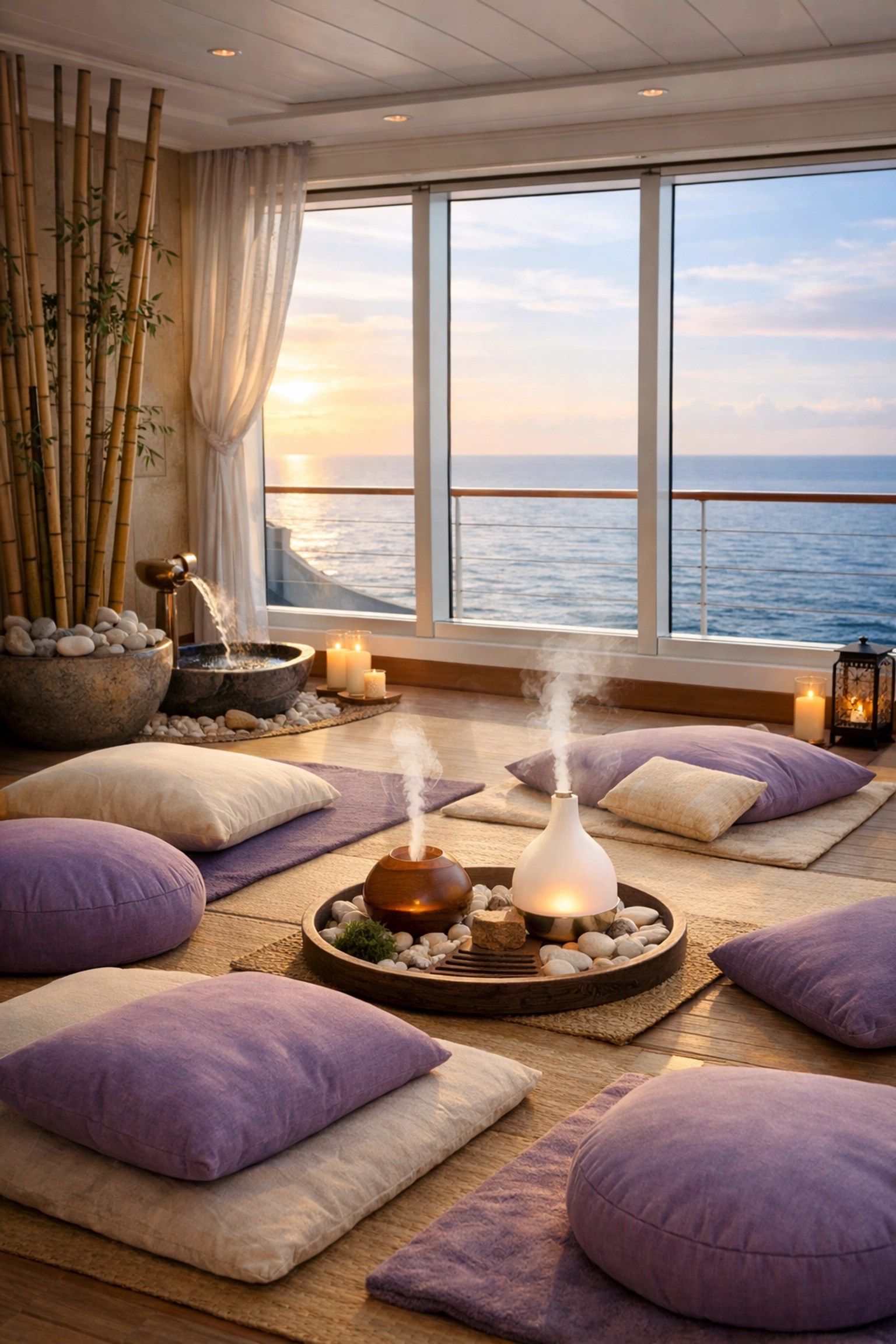 Elegant cruise ship wellness spa with meditation area and ocean views for sleep therapy