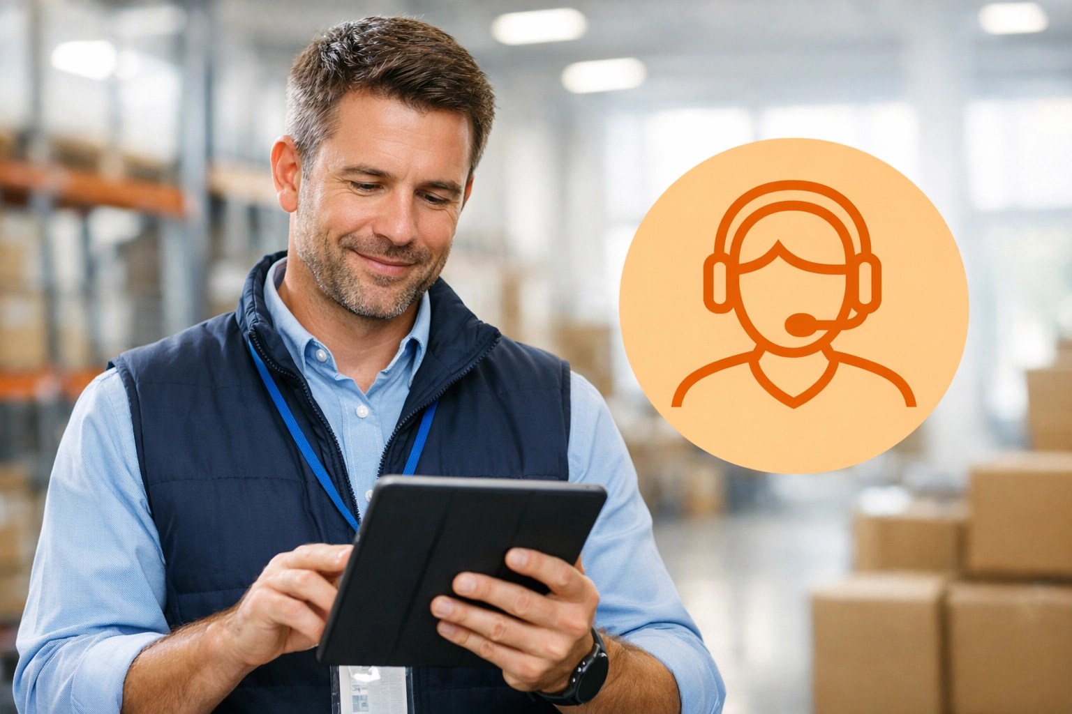 A logistics professional providing personalized customer service with a dedicated communication icon.