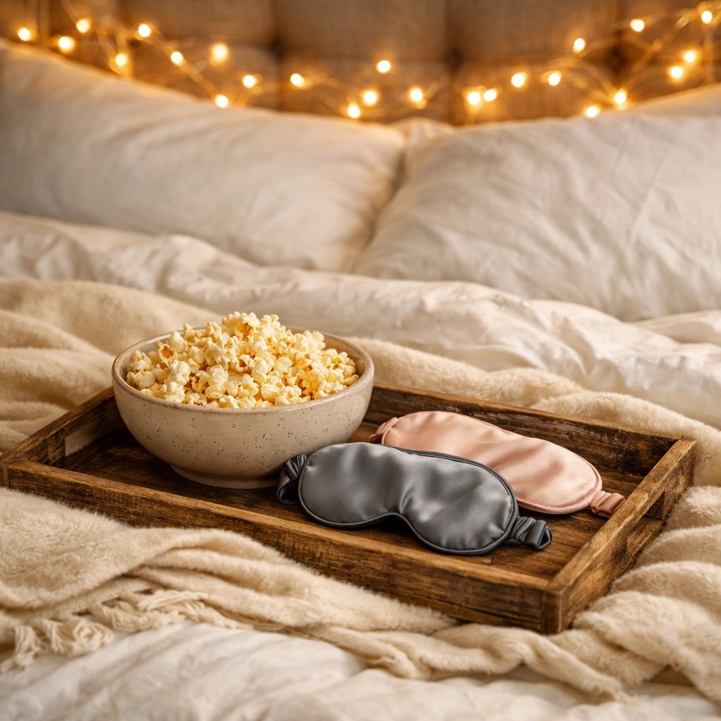 Cozy staycation movie night setup with popcorn and silk masks on a luxury bed for a romantic date night.