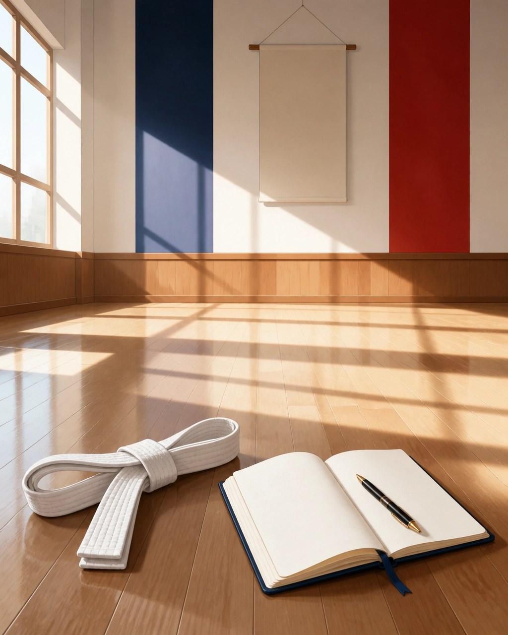 Quiet karate studio with a folded white belt and open journal