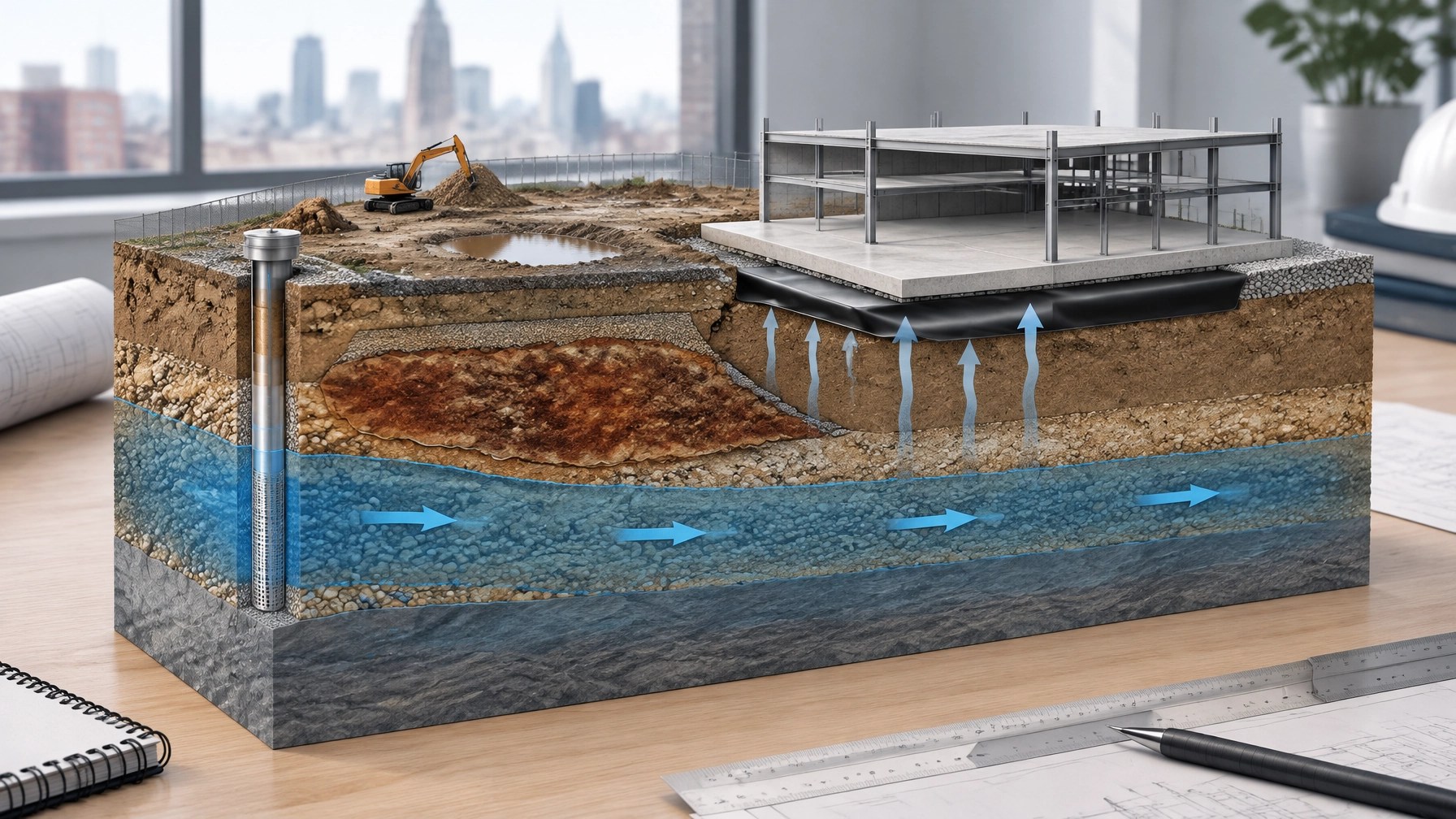 Technical cutaway model showing soil strata, groundwater monitoring, capped contamination, and vapor mitigation beneath an urban development