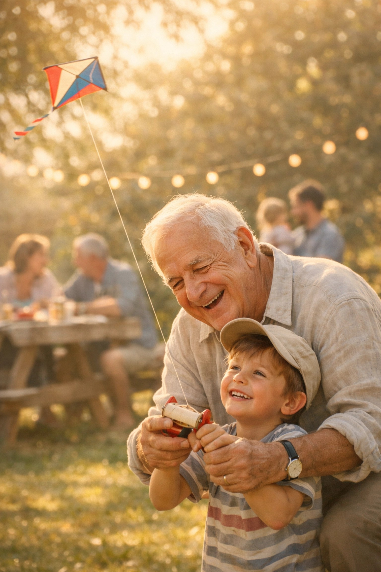 A grandfather and child in a backyard, symbolizing financial security and a debt-free legacy.