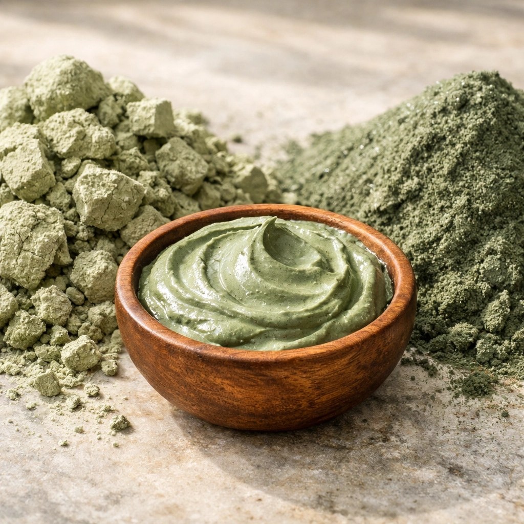 Comparison of raw illite and montmorillonite green clay powders and mixed mineral paste in a bowl.