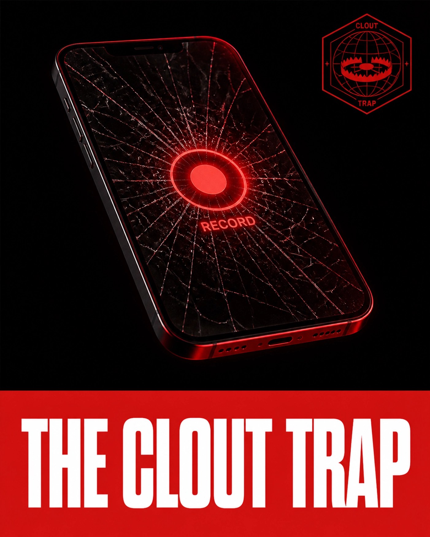 A shattered smartphone with a glowing red record button and The Clout Trap branding.
