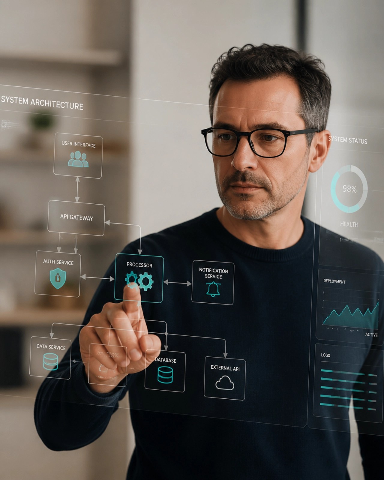 Technical architect reviewing a digital workflow interface with clinical precision