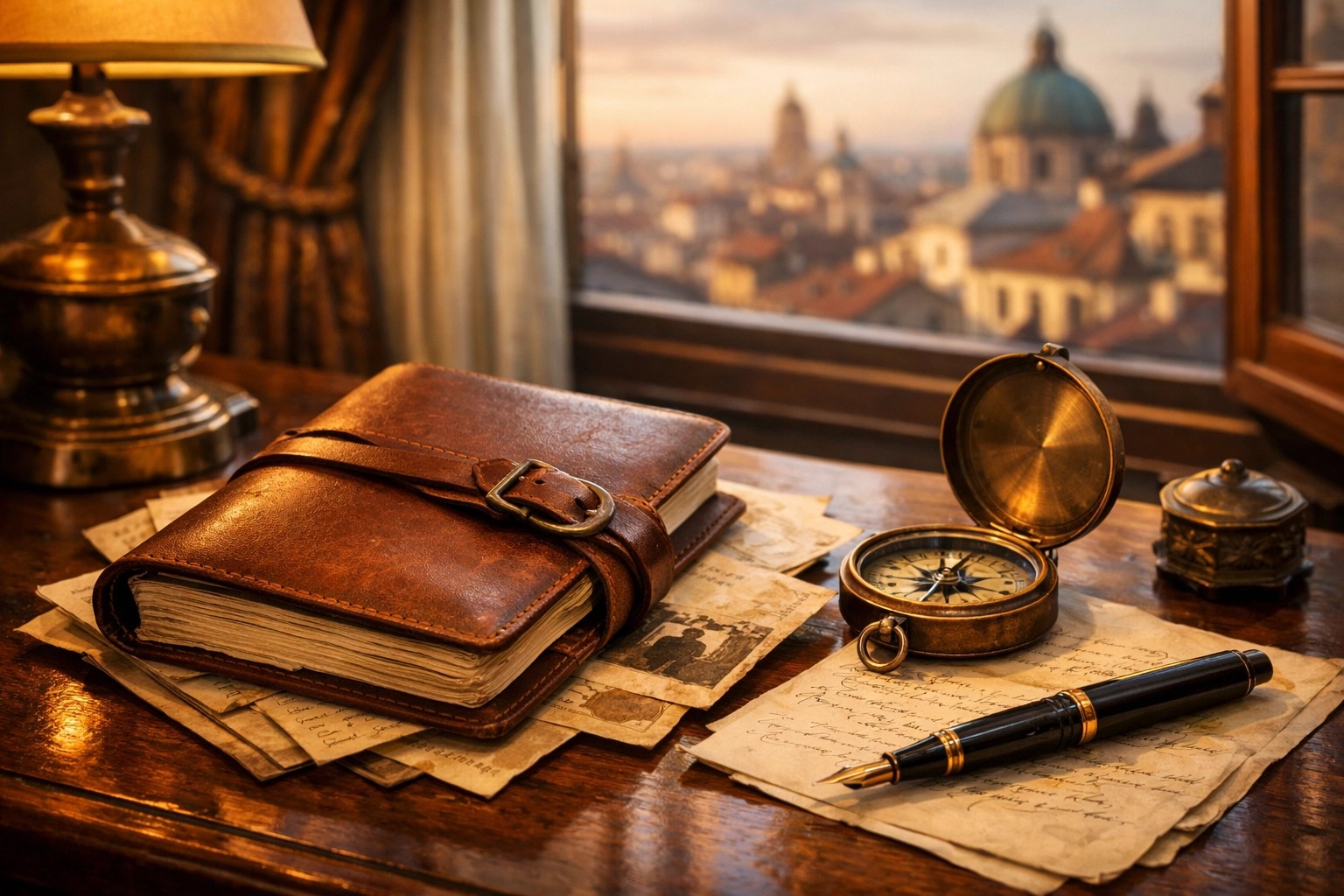 [Genealogy journal and vintage documents in a luxury hotel setting