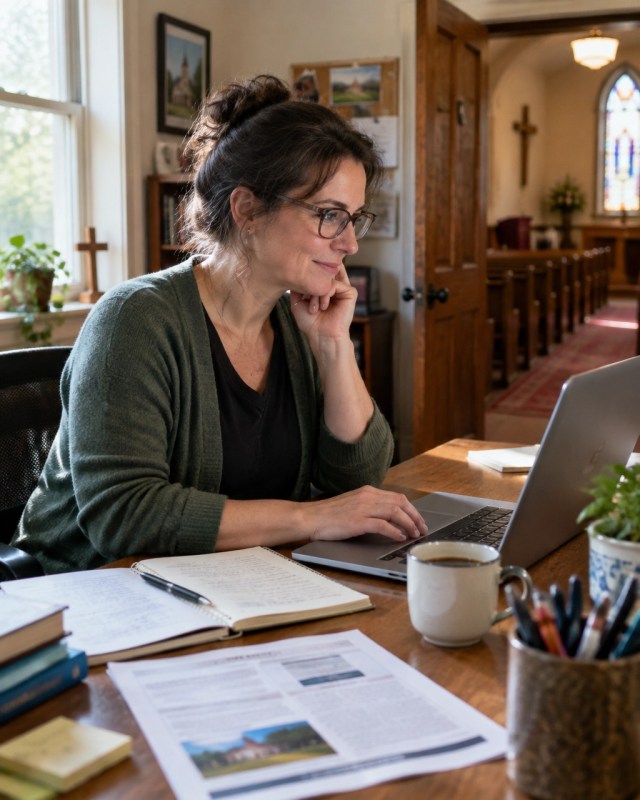 A church administrator works on a bulletin draft at a desk with coffee and notes