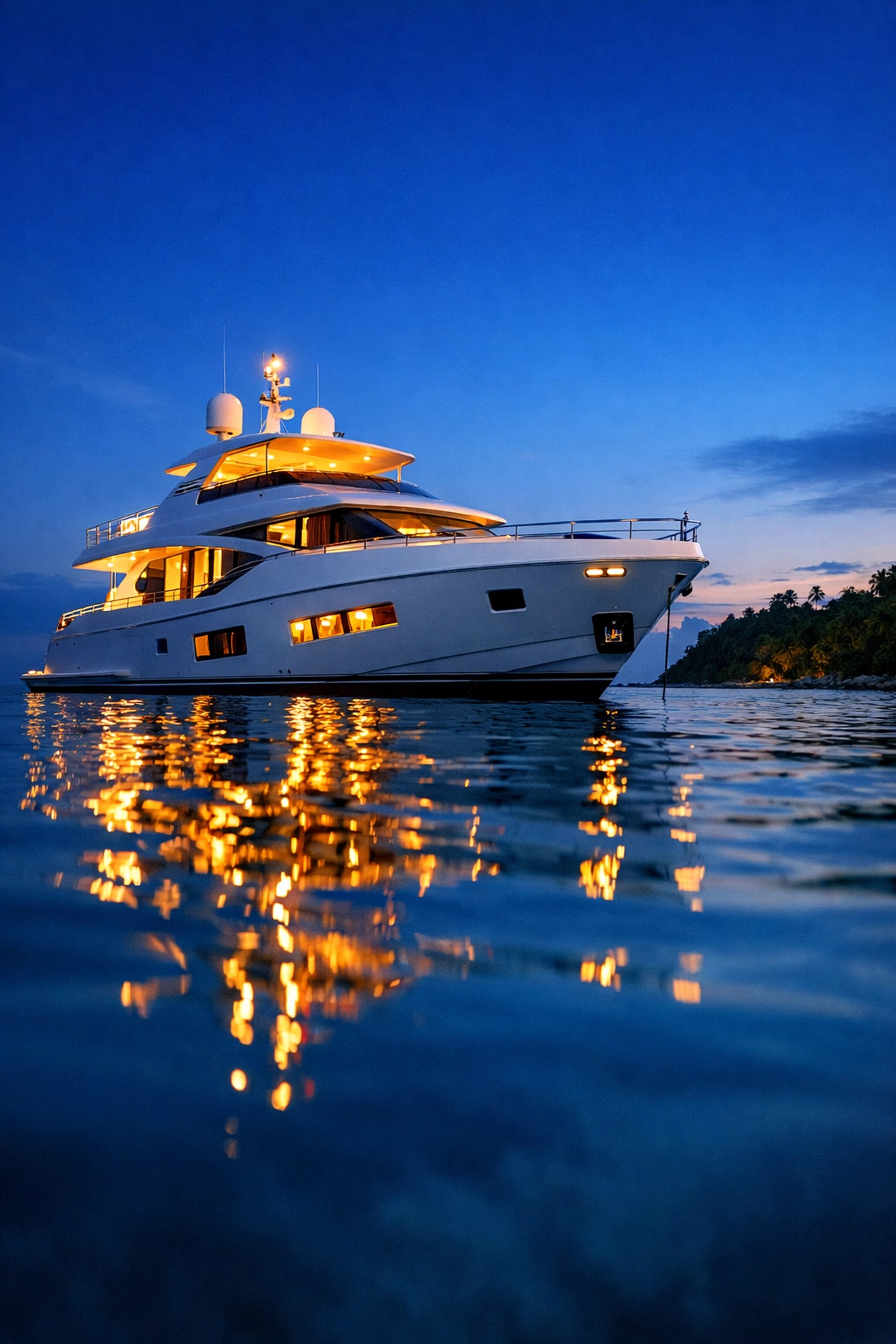 Luxury yacht anchored near tropical island for exclusive small-ship cruise experience