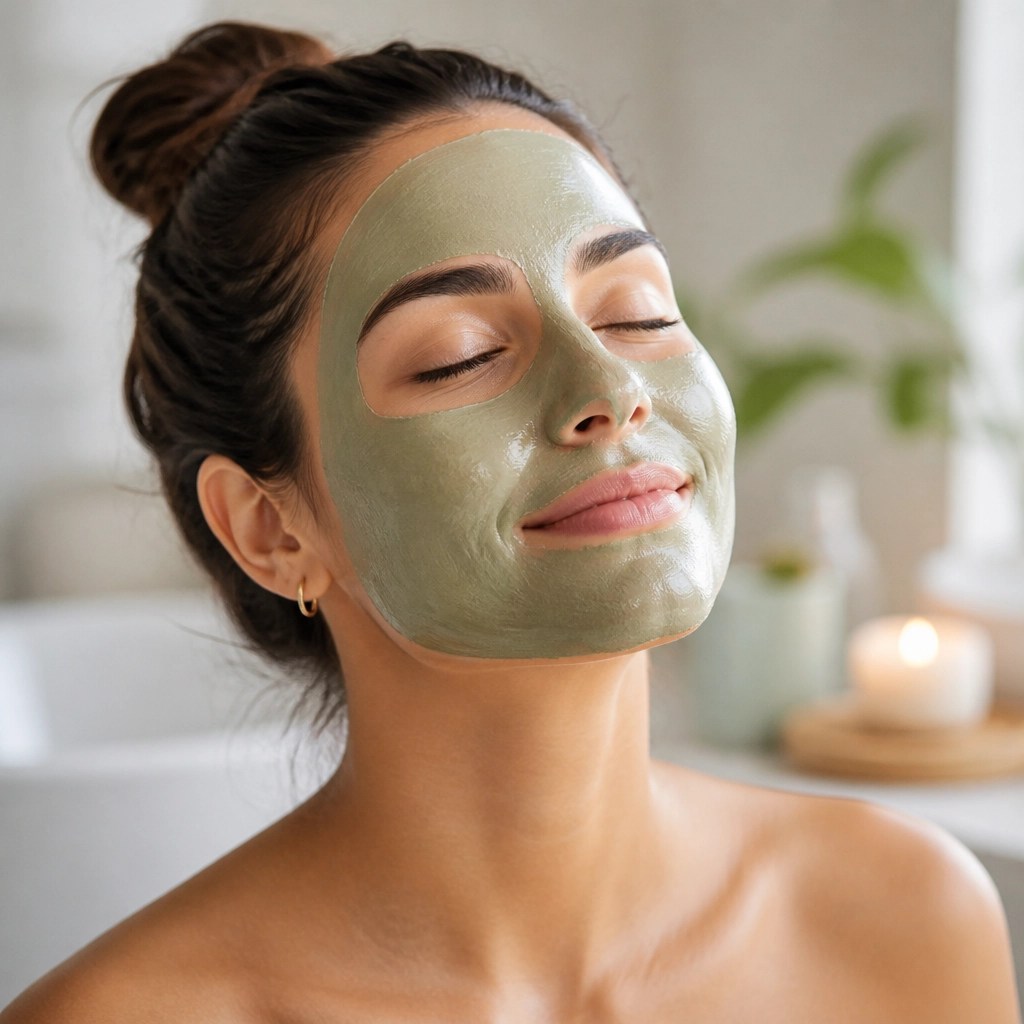 Person relaxing with a smooth green clay facial mask
