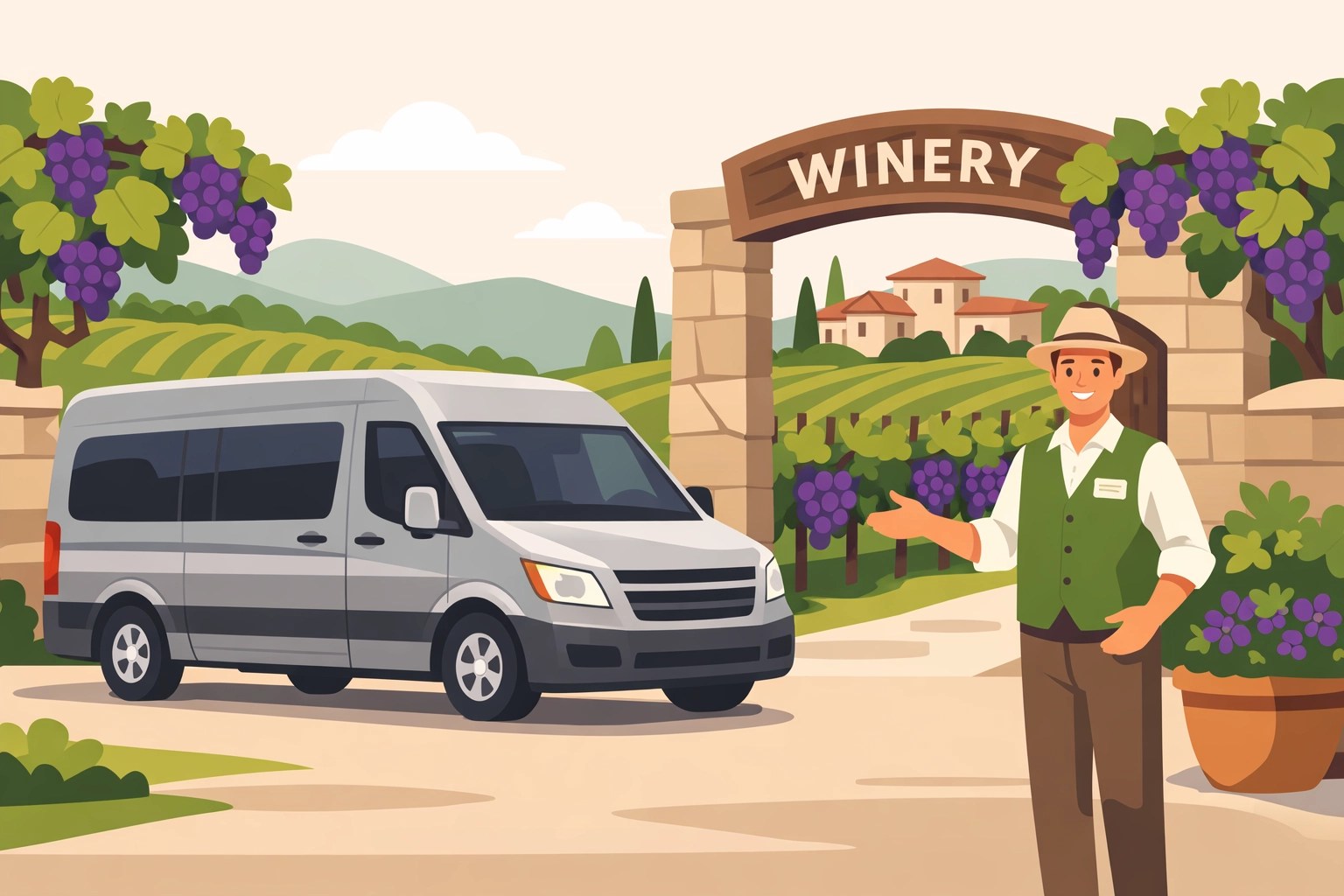 Professional wine tour guide welcoming guests to Virginia winery with transportation