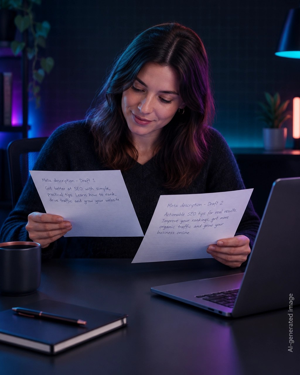 Marketer comparing two handwritten meta description drafts beside a laptop