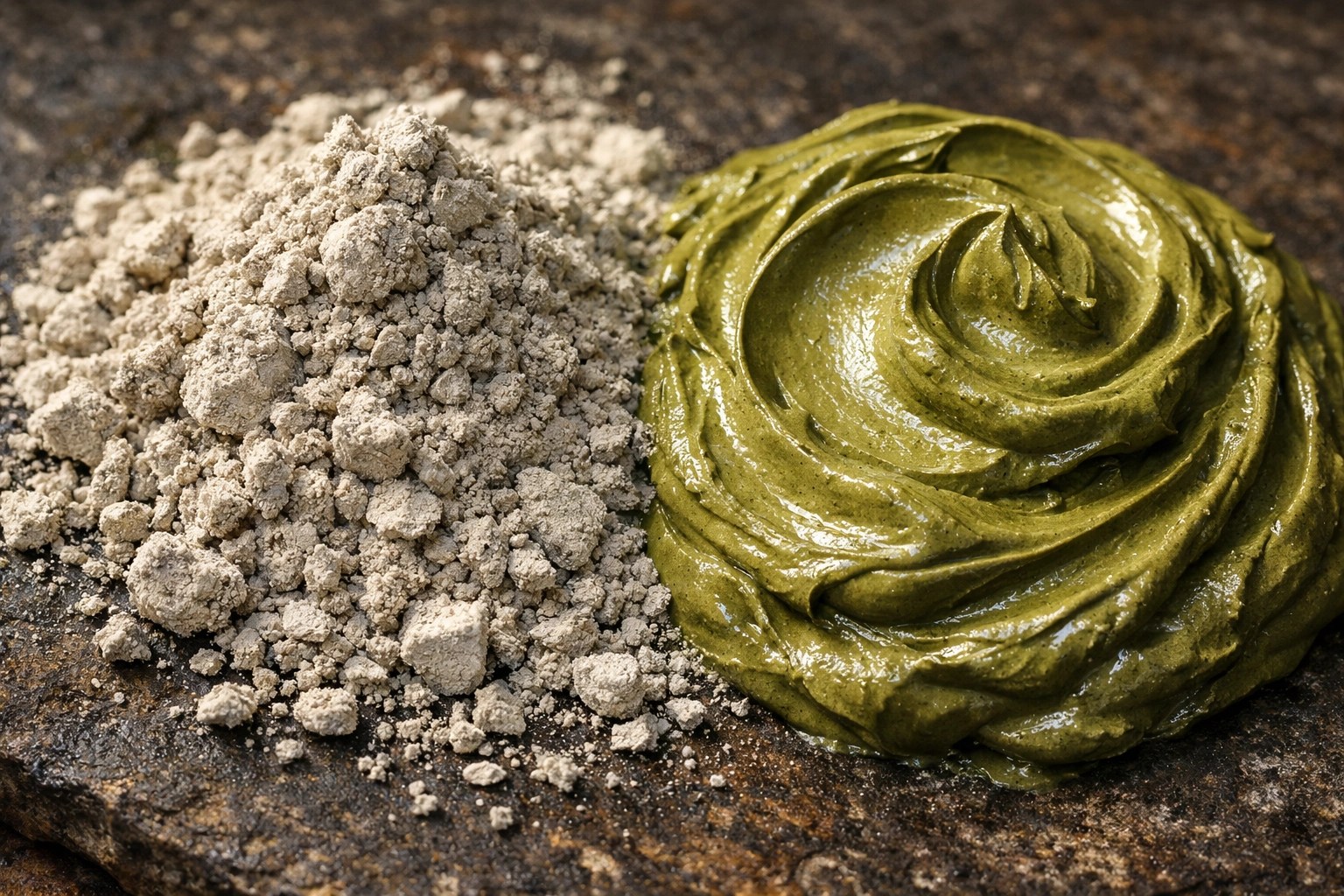 Comparison of dry clay powder and moist green illite clay paste used for professional sports recovery.
