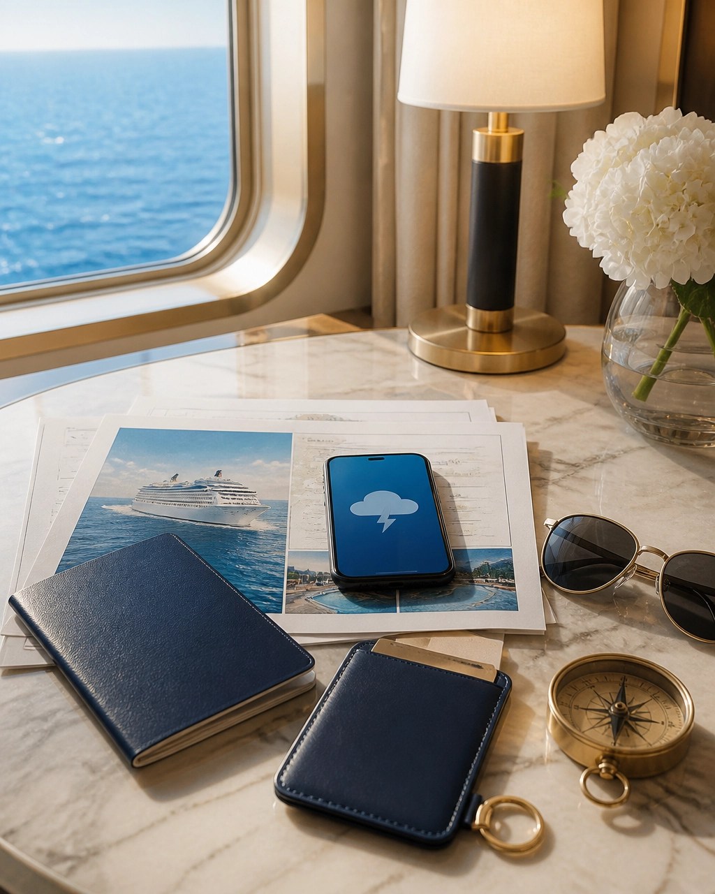Luxury itinerary still life with passport, travel documents, compass, and smartphone beside a sunny window