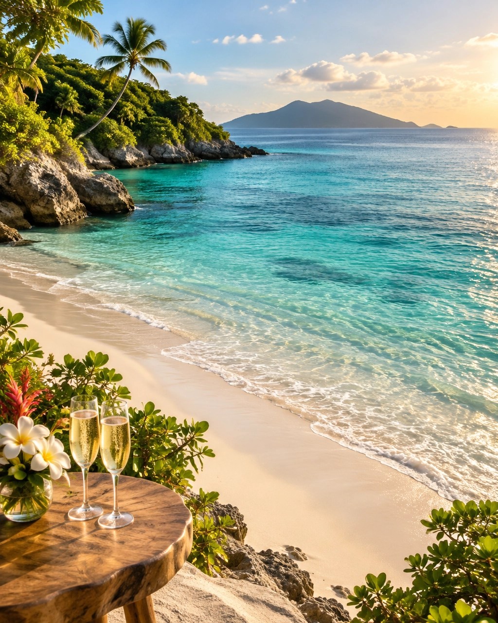 A secluded Caribbean cove with turquoise water, tropical greenery, and a simple celebratory table for two