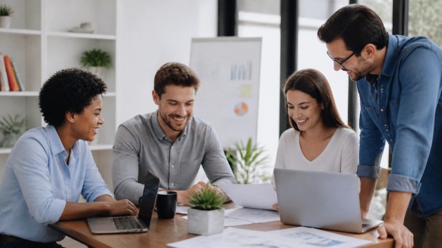 A local small business team collaborating around a desk with laptops and paperwork