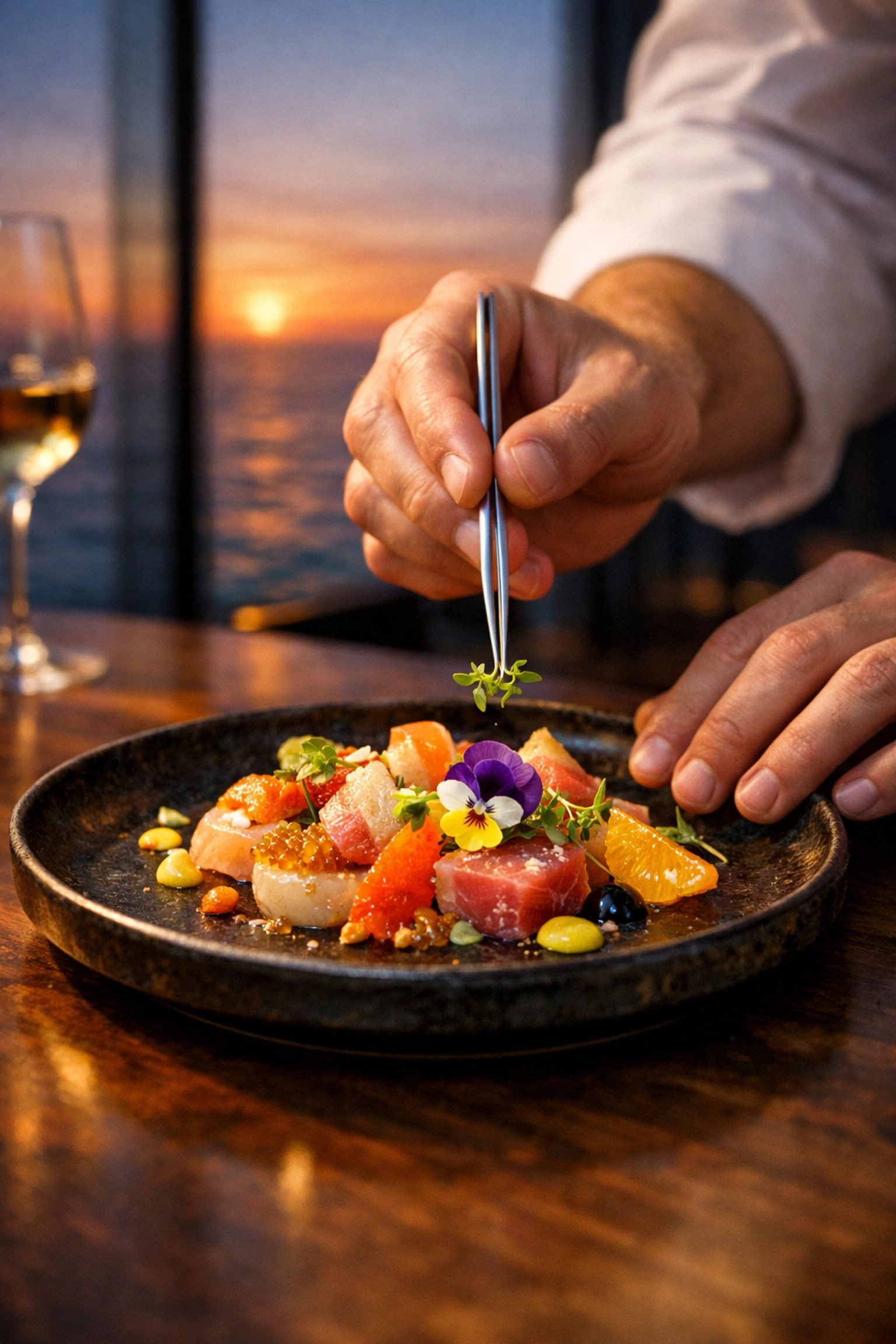Chef garnishing a Michelin-style seafood plate with ocean sunset view on a luxury cruise