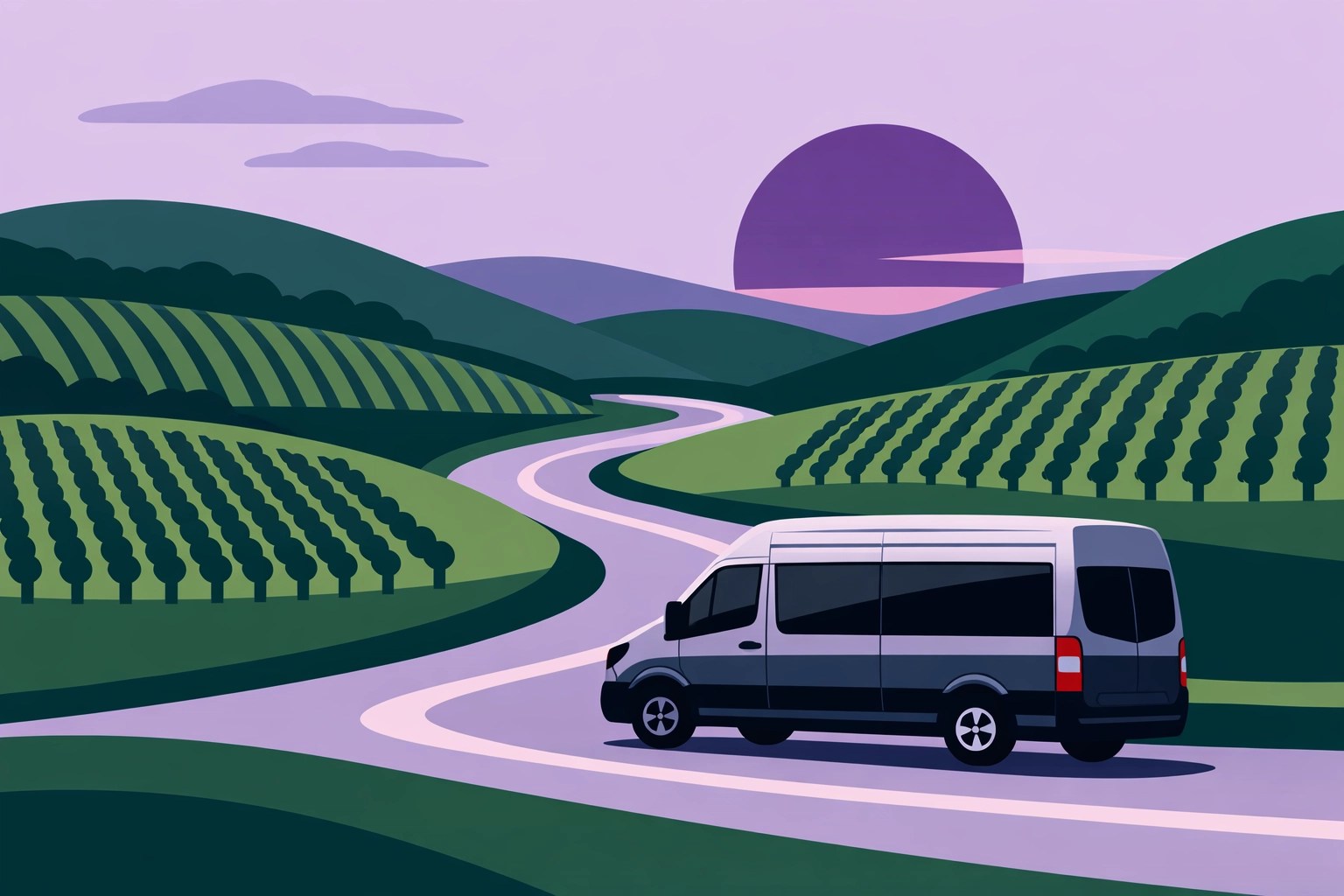 Luxury Vineyard Voyages tour bus driving through scenic Virginia winery hills for a safe guided trip.