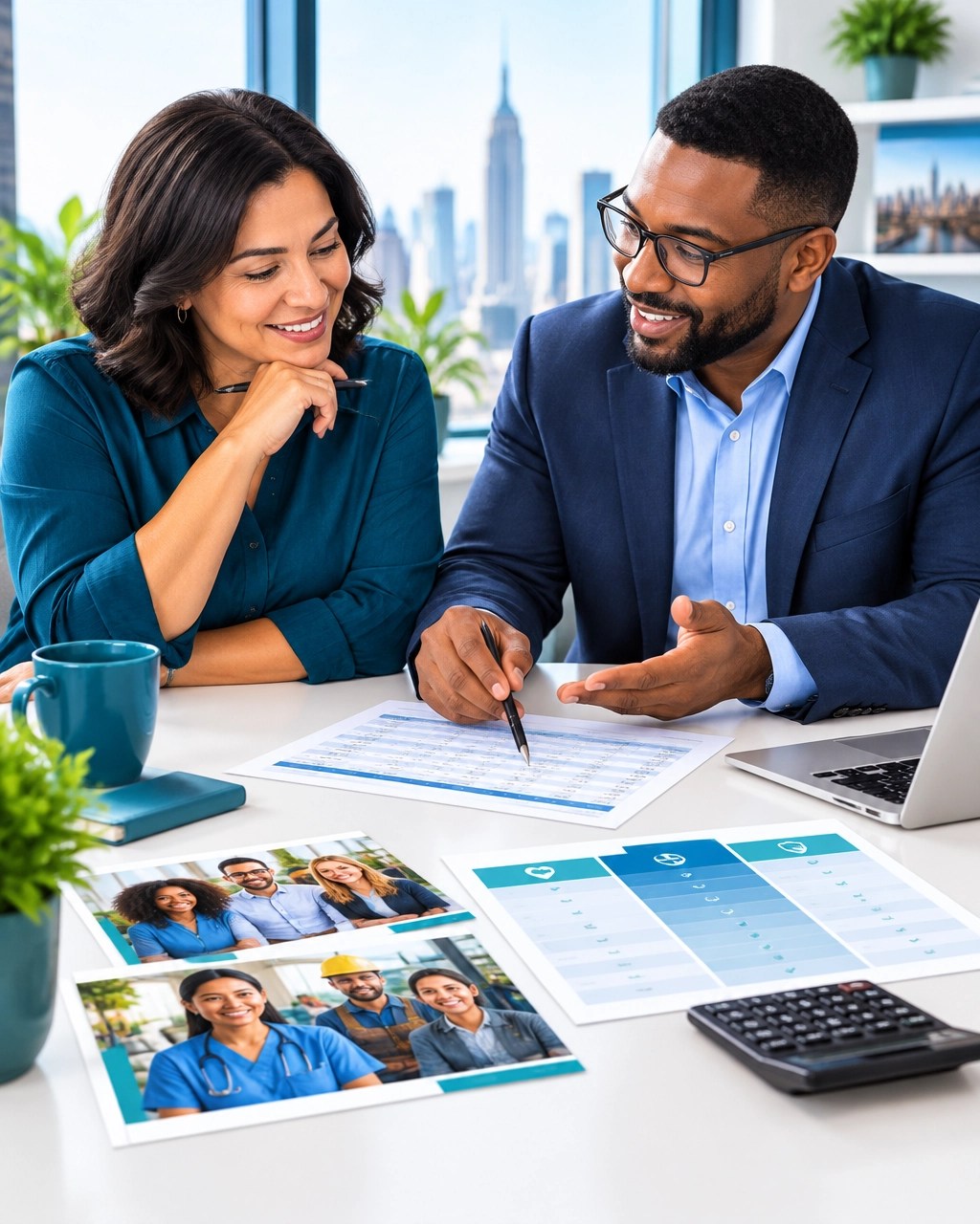 New York benefits advisor helping a small business owner review employee health insurance options