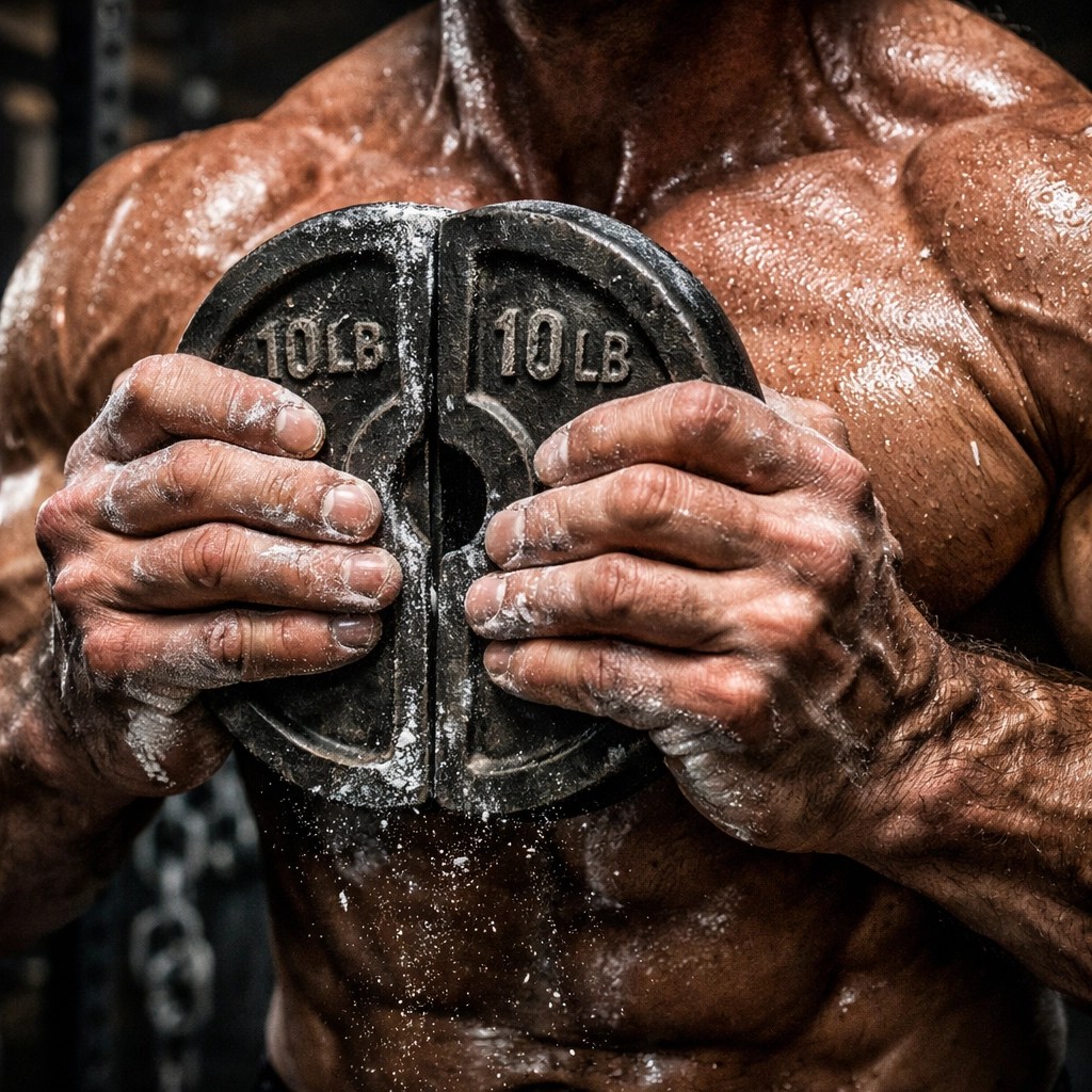 Athlete squeezing weight plates for chest muscle activation during a Svend Press to build mind-muscle connection.
