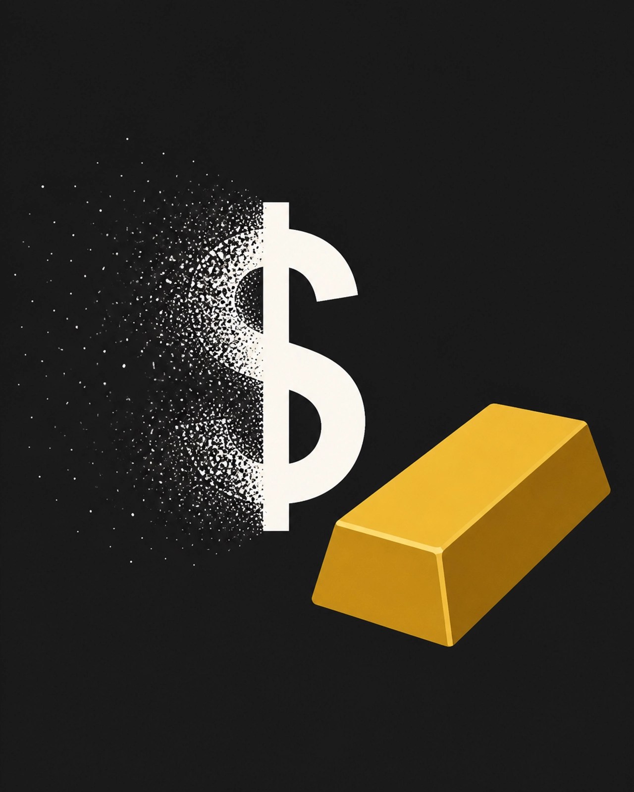 A white dollar symbol melting into dots while a solid gold bar remains intact