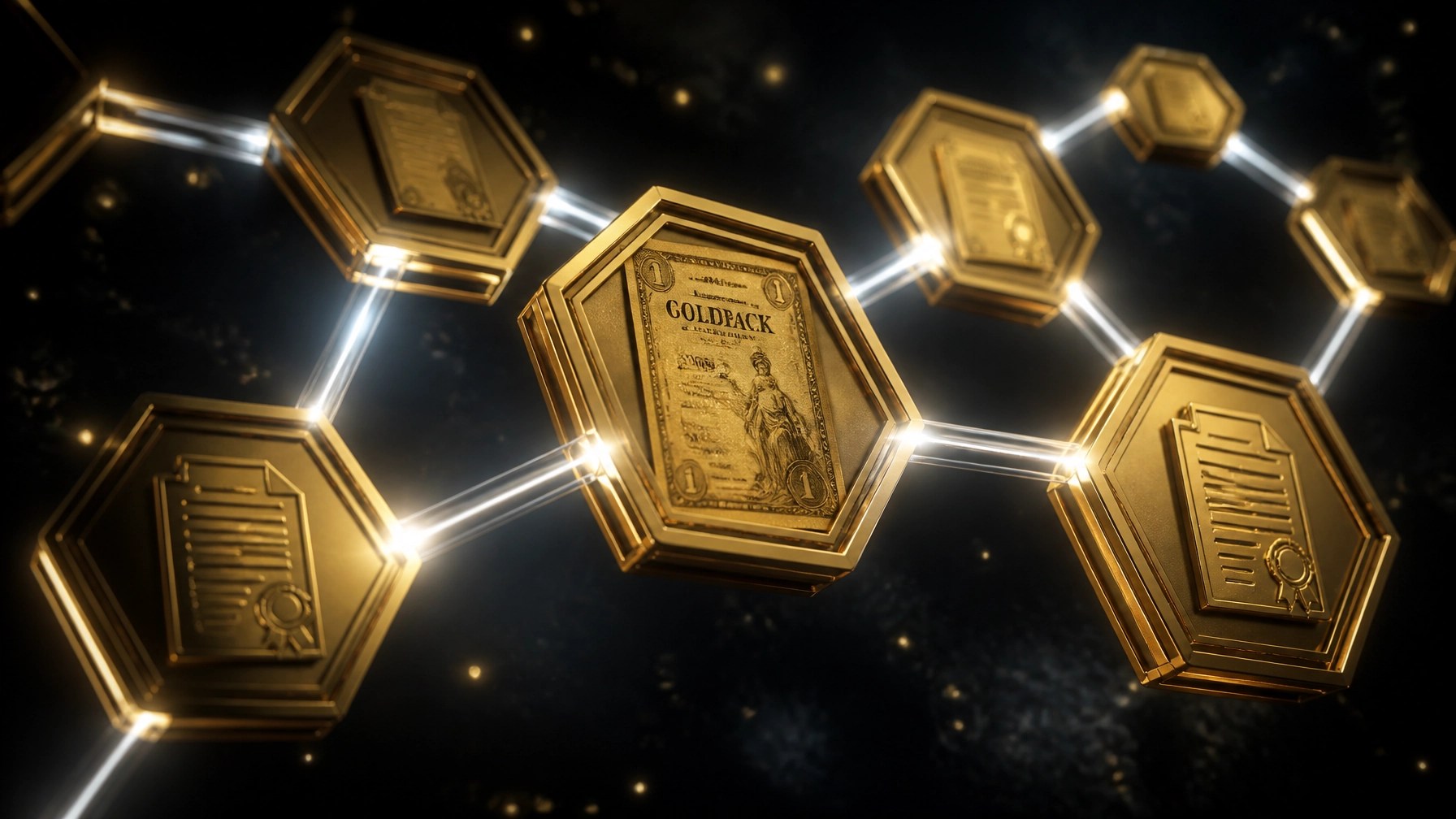 A futuristic audit trail represented by connected golden hexagons, symbolizing a secure and immutable chain of custody.