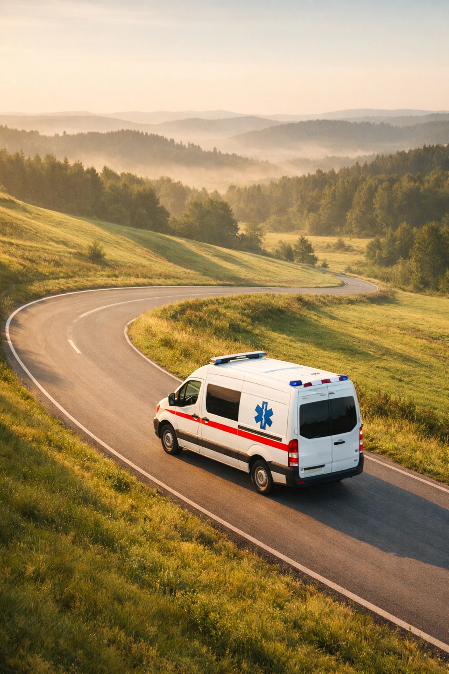 A white medical transport van driving on a rural road through hills for healthcare access.