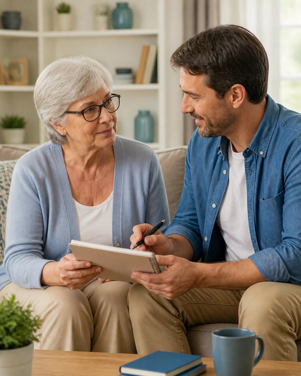 Older woman and her adult son discussing a household budget and insurance plan