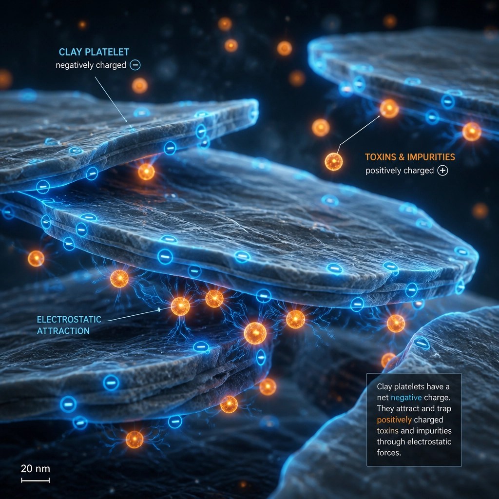 Conceptual 3D illustration of negatively charged clay platelets trapping toxins