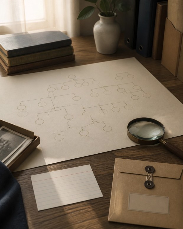 A quiet archival worktable with an abstract family-tree diagram, magnifying glass, and blank evidence card in warm window light
