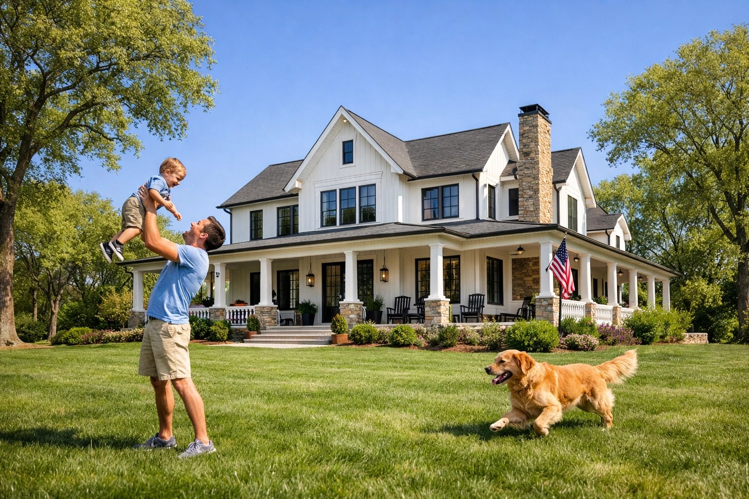 Father playing with toddler outside a Milton farmhouse, highlighting life insurance mortgage protection.