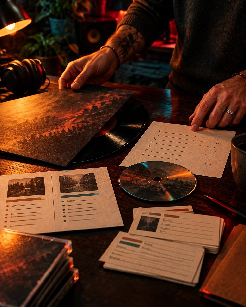 Independent musician organizing a vinyl release, compact disc, split sheet, and metadata materials