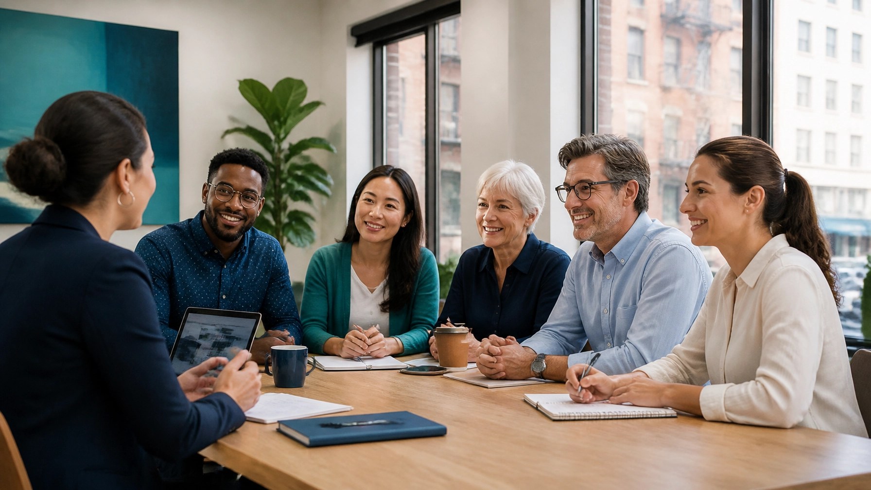 Diverse New York small business team discussing employee health benefits with a professional advisor