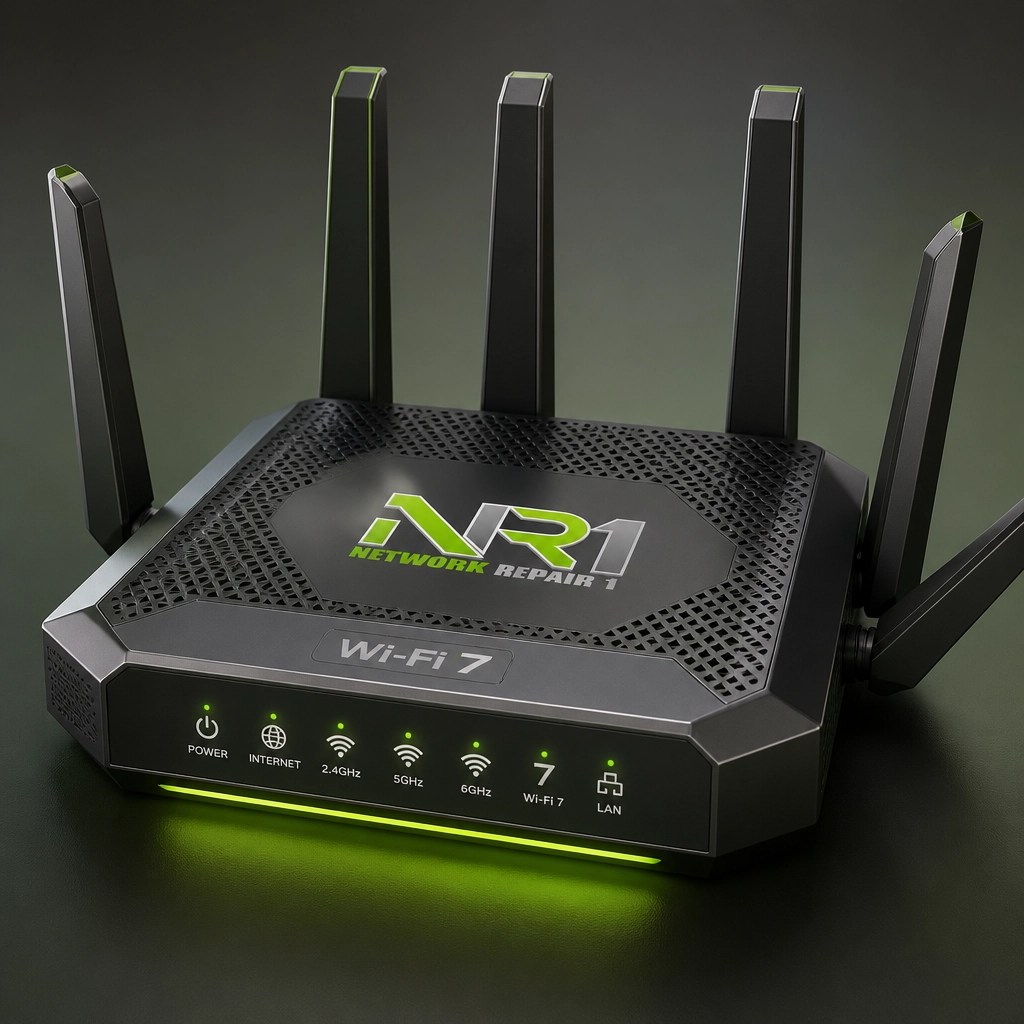 Modern Wi-Fi 7 network router with glowing lights in a clean green and gray digital style.