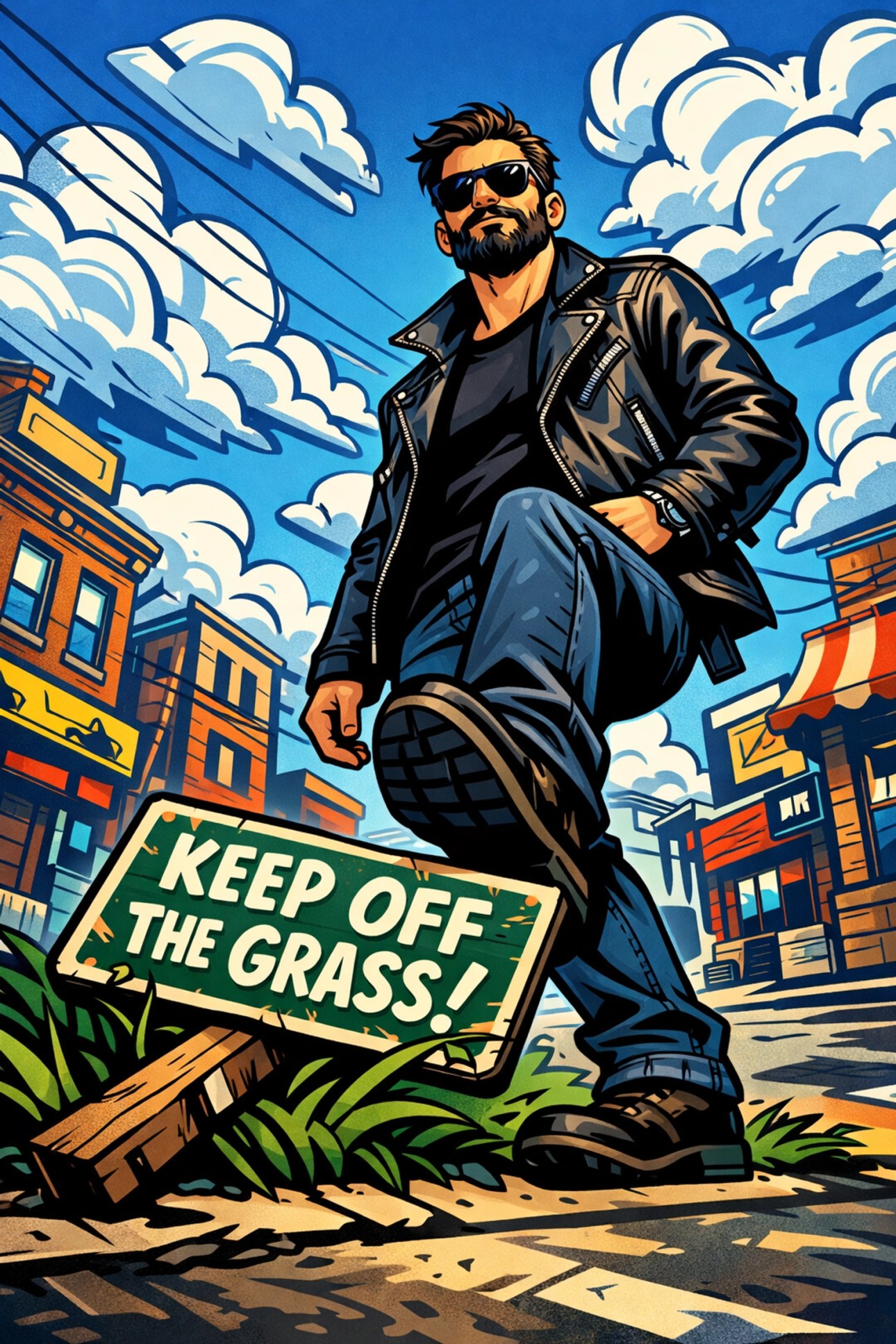 Confident man in a premium Wise Ass t-shirt and leather jacket embodying the rebel spirit.