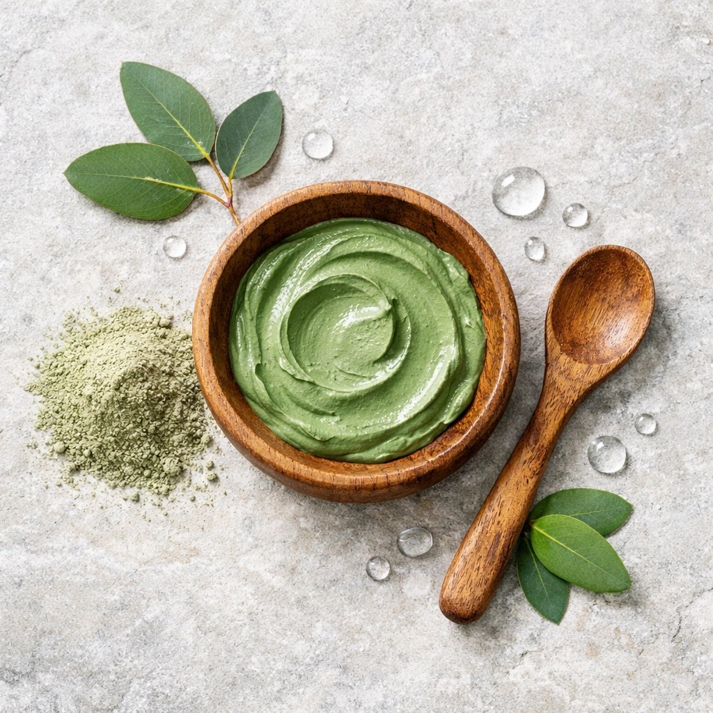 Natural green healing clay mixture in a wooden bowl with dry clay powder for a gentle detox treatment.