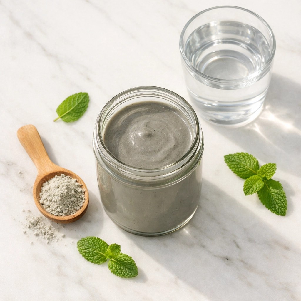 Bentonite clay detox drink preparation with glass jar, clay powder, and filtered water