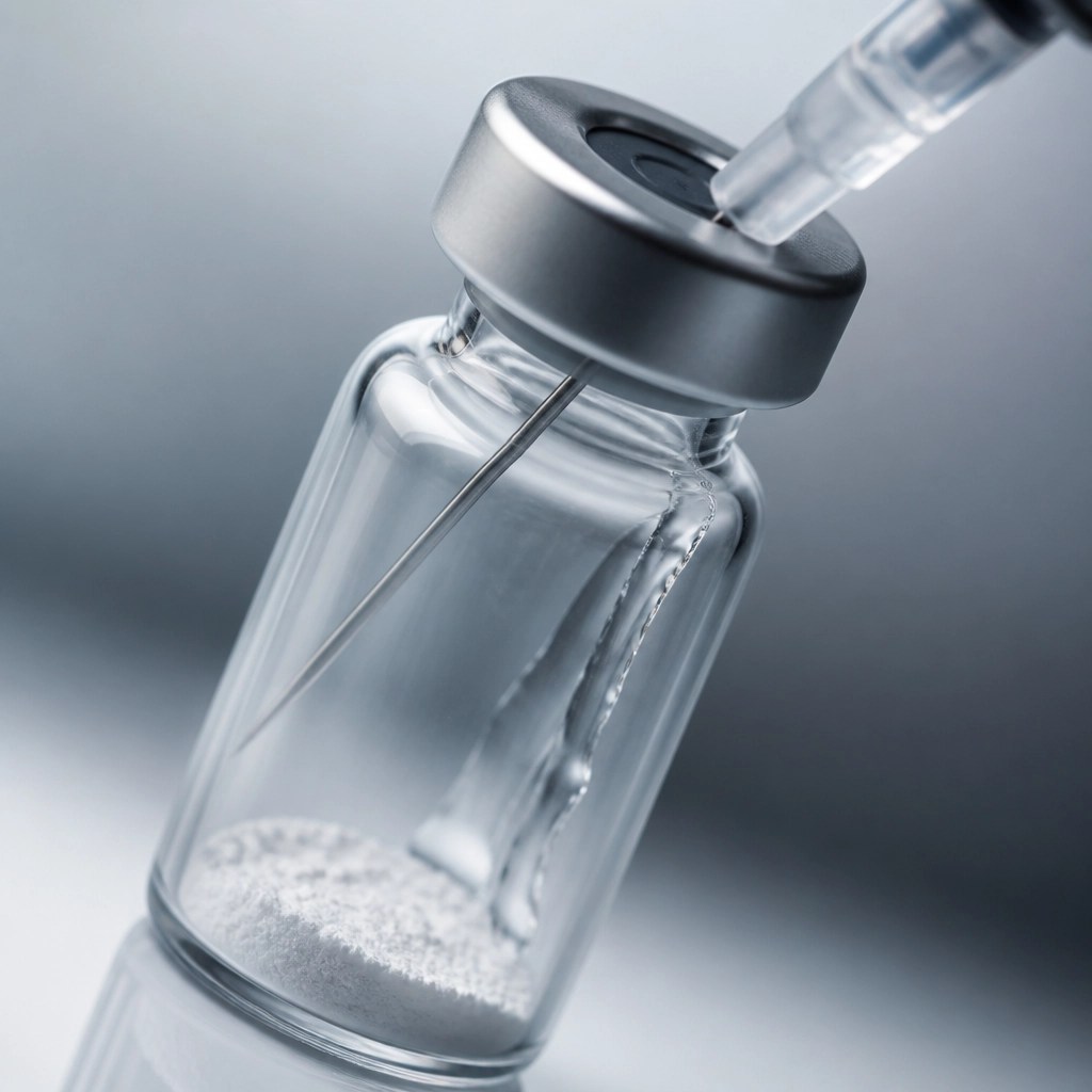 Needle injecting liquid down the side of a glass vial