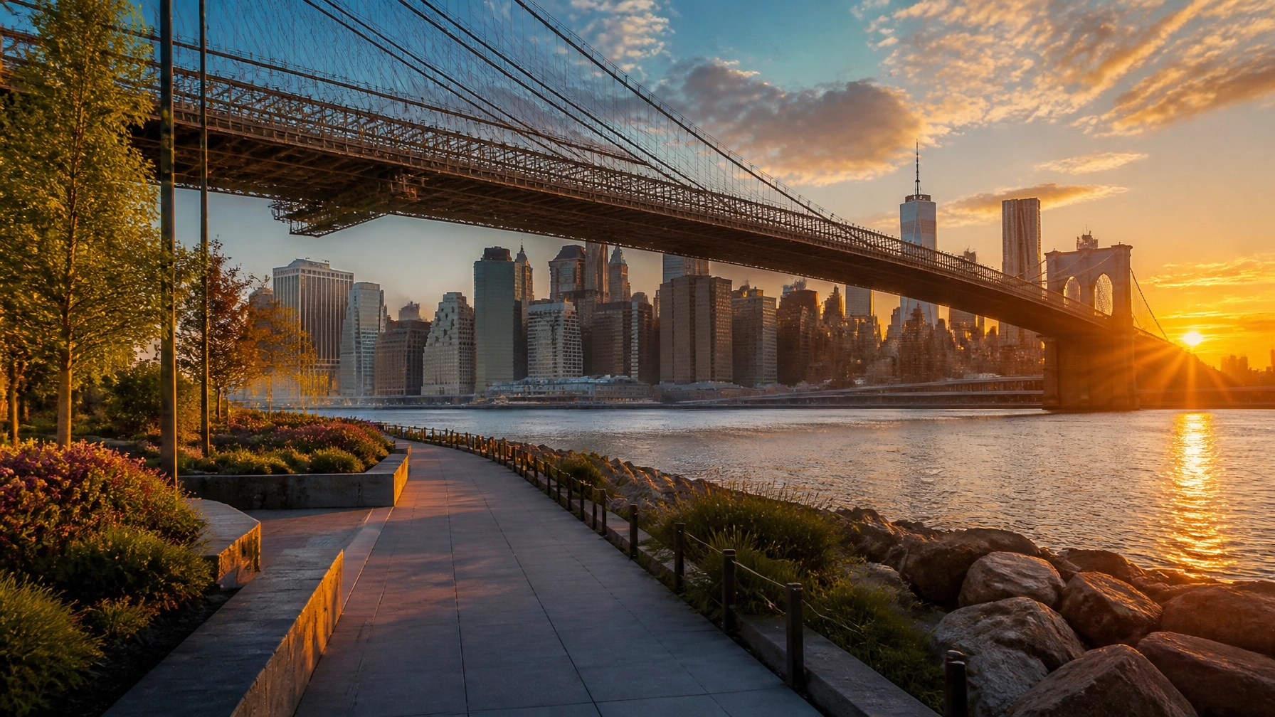 Brooklyn waterfront park and glowing Manhattan skyline at sunset