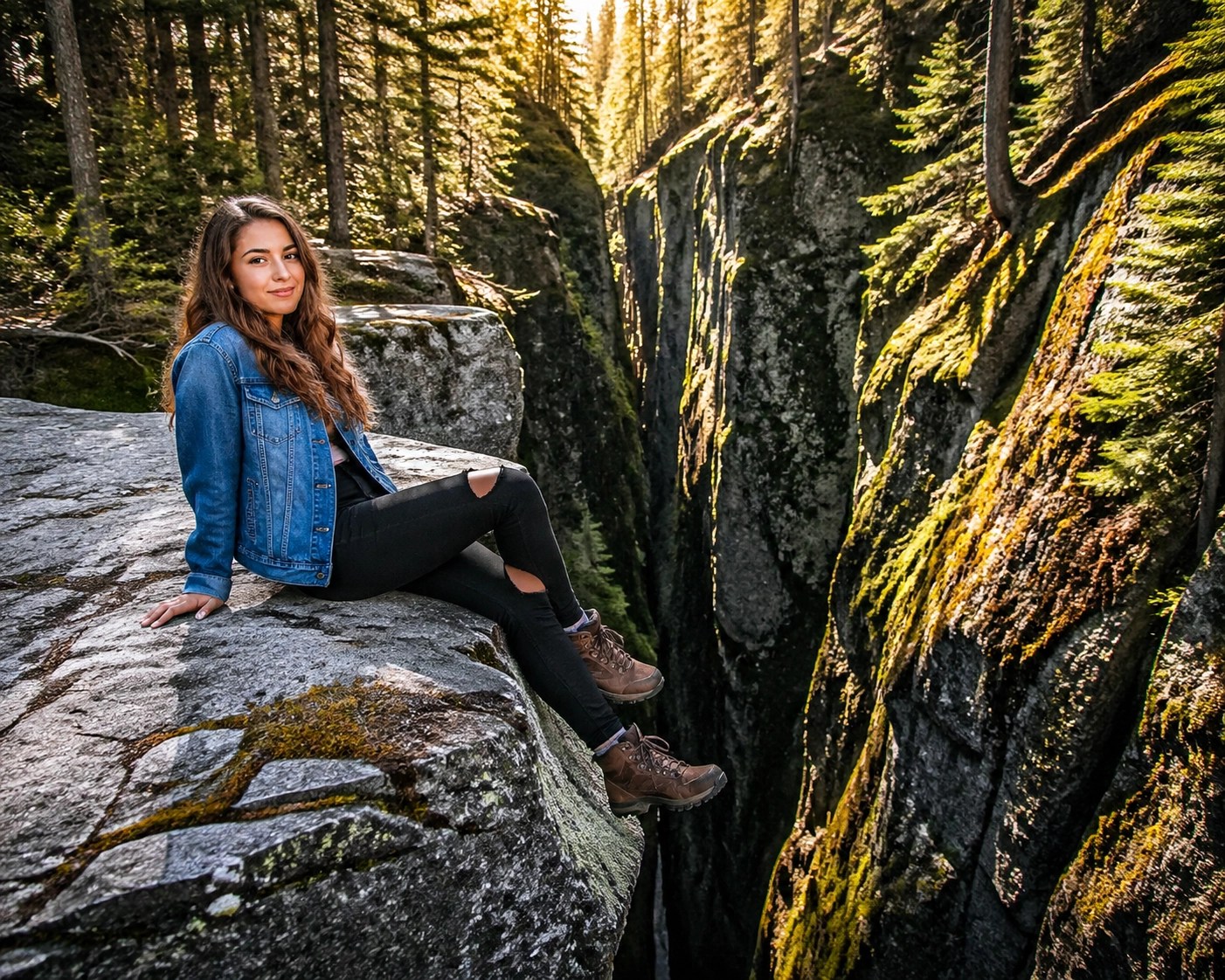 High school senior posing on cliffs at Purgatory Chasm for adventurous outdoor portraits in the Westborough area.
