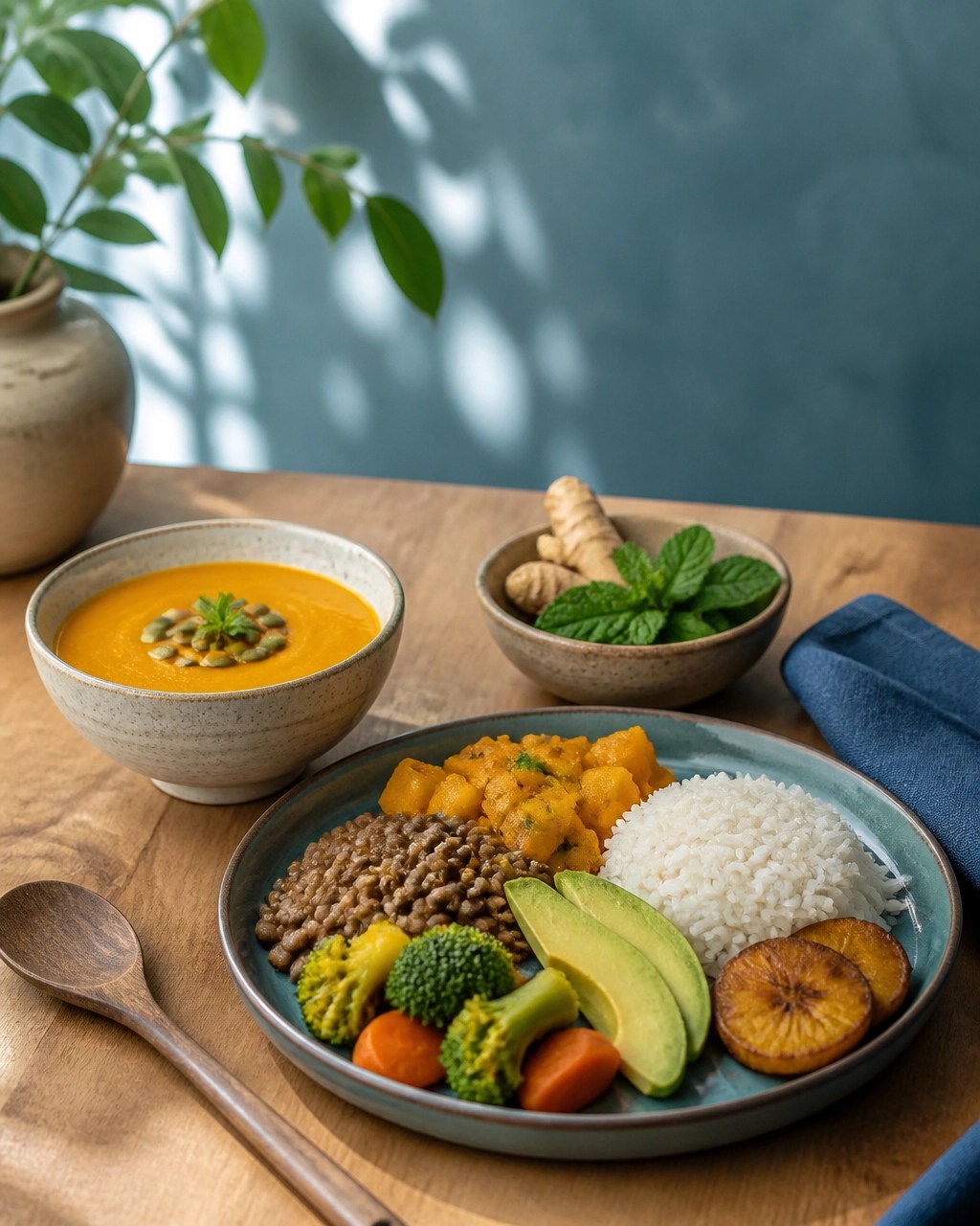 Comida cotidiana inspirada en ingredientes colombianos, con sopa de ahuyama, lentejas, arroz, verduras, aguacate, plátano y hierbas aromáticas