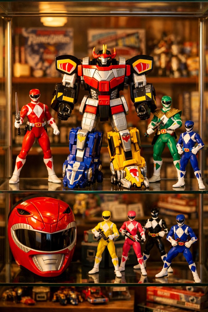 A collector's display shelf featuring Power Rangers Re-Ignition action figures and Megazords.