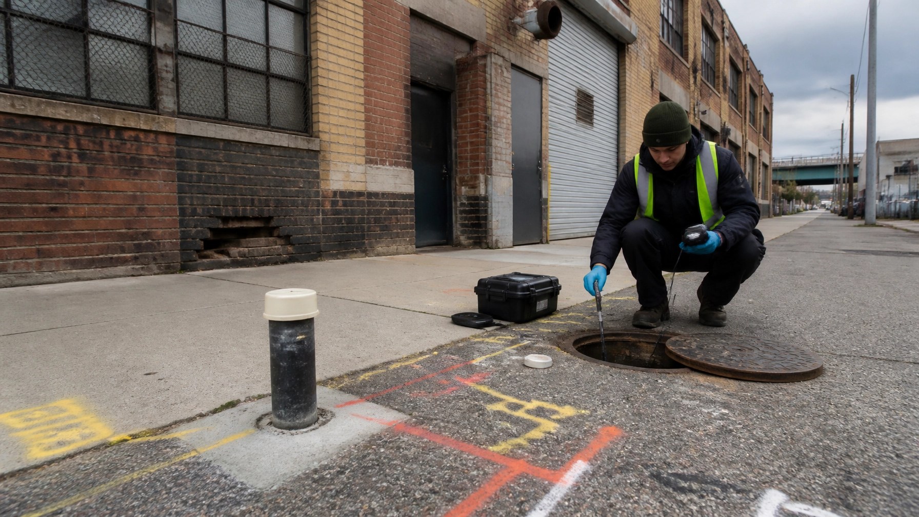 Brooklyn commercial property due diligence field inspection with monitoring well and industrial building