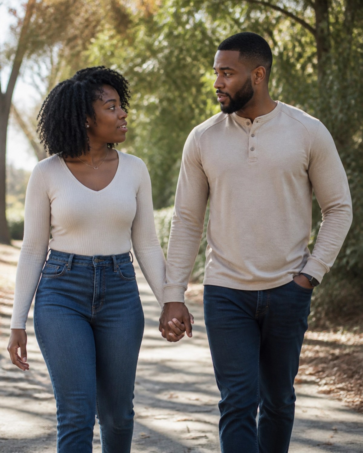 A Black couple walking hand-in-hand through a quiet path, demonstrating the power of physical touch and shared movement in nature.