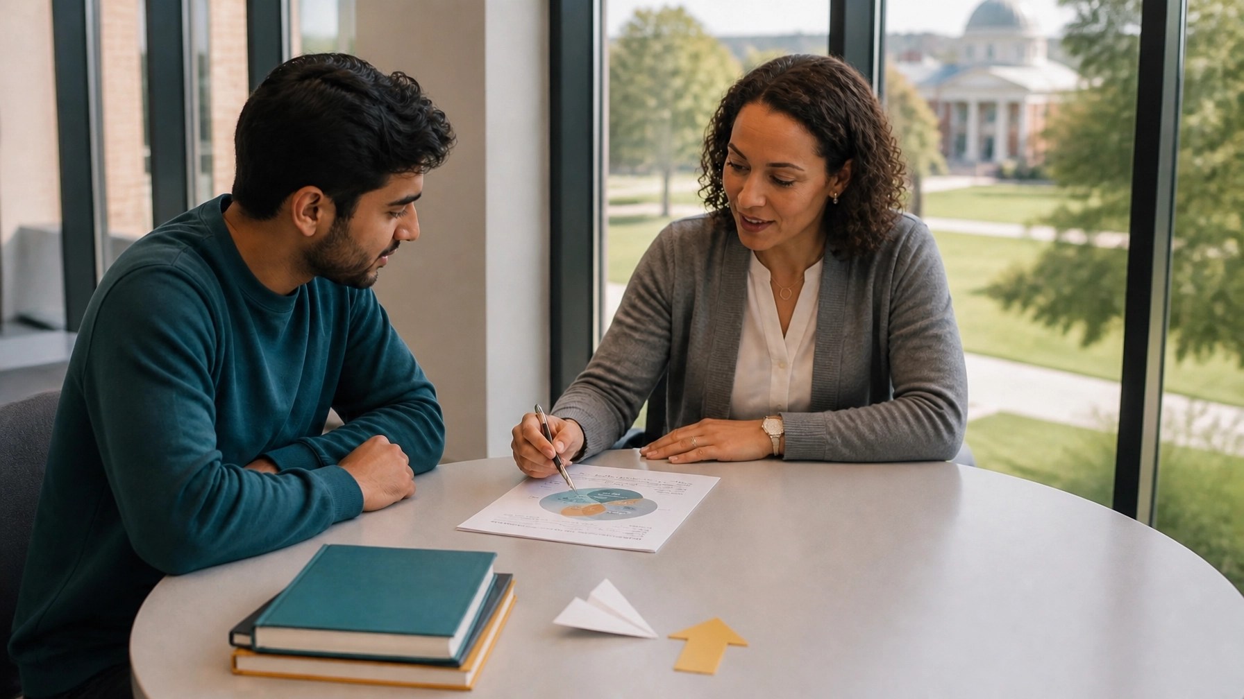 Student and mentor discussing career values in a bright advising room