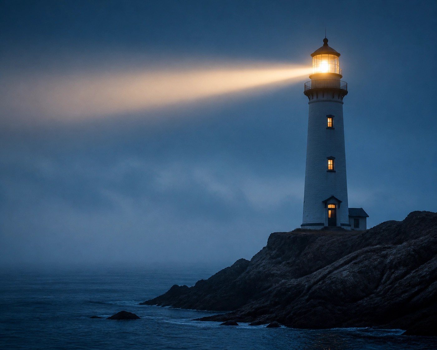 A steady lighthouse beam symbolizing guidance and financial stability for seniors choosing insurance policies.