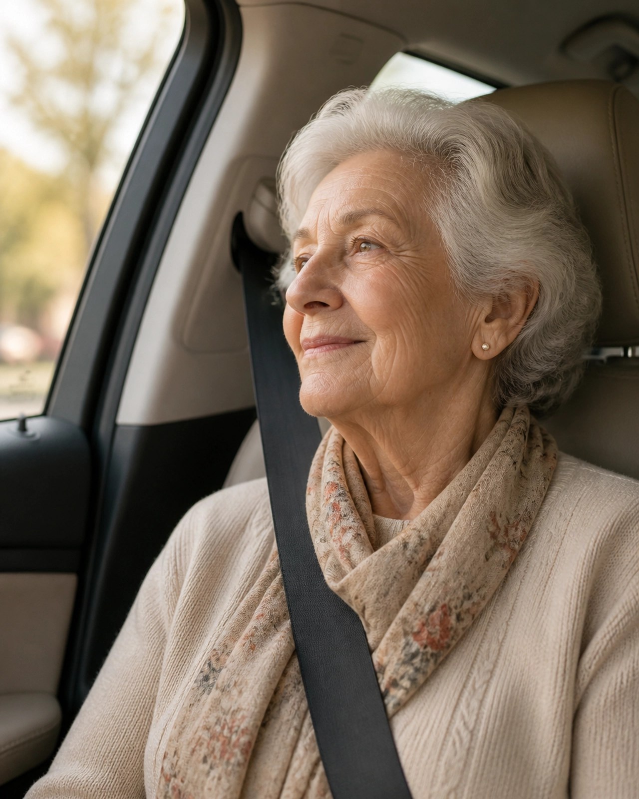 An elderly patient looking calm and relieved in a transport vehicle