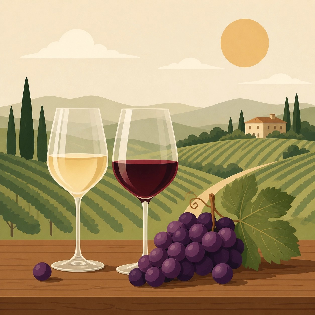 Modern illustration of a Virginia wine tasting featuring red and white wine glasses and fresh vineyard grapes.