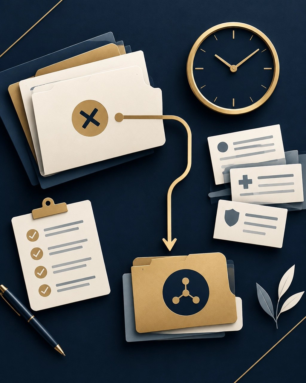 Abstract organized evidence cards and clock representing the first 48 hours of denial reconstruction